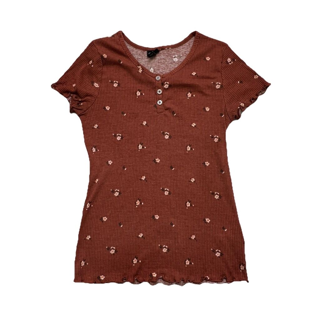 Art Class Floral Ribbed Baby Tee Brown Cottagecore Lettuce Hem Grunge XL